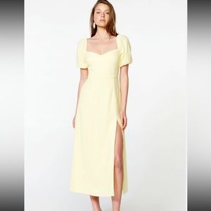Bardot soft yellow midi dress with puff sleeves